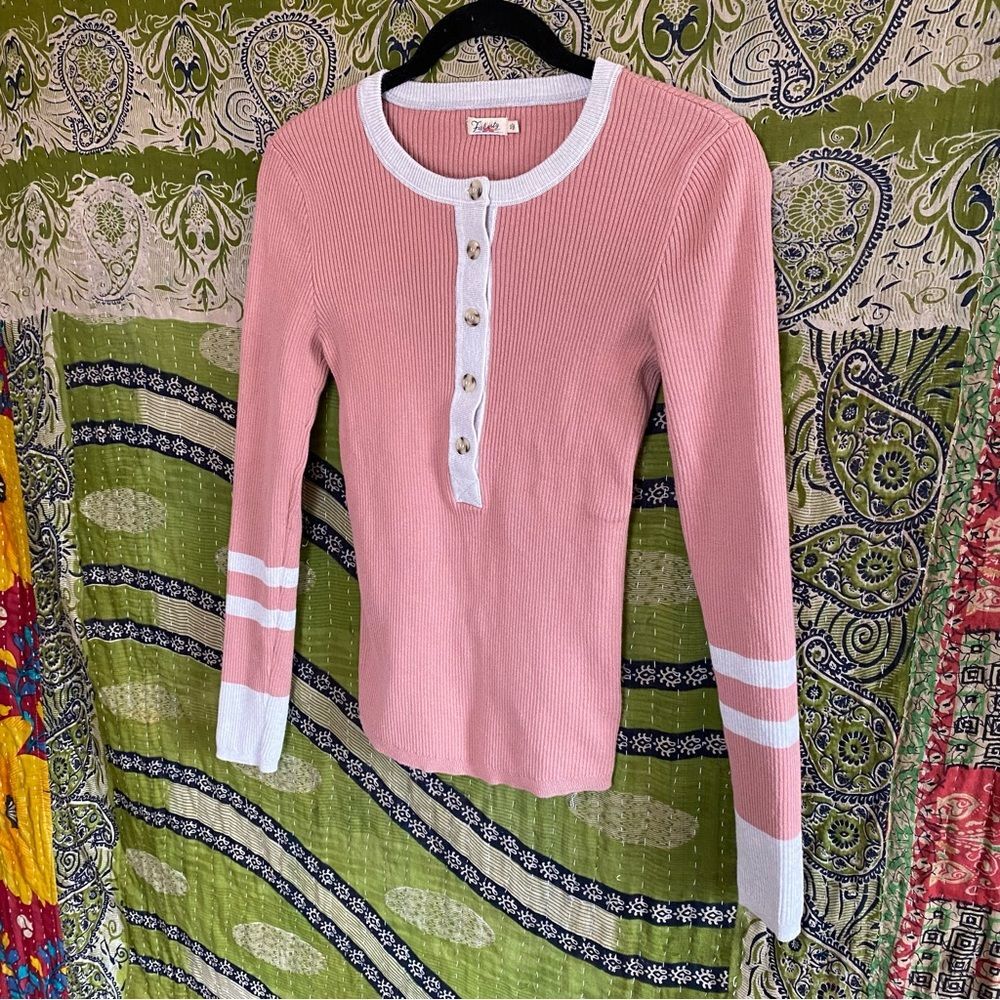 Faherty Rose Pink Colorblock Mikki Cotton/ Cashmere Henley Sweater Size Small - Picture 6 of 15